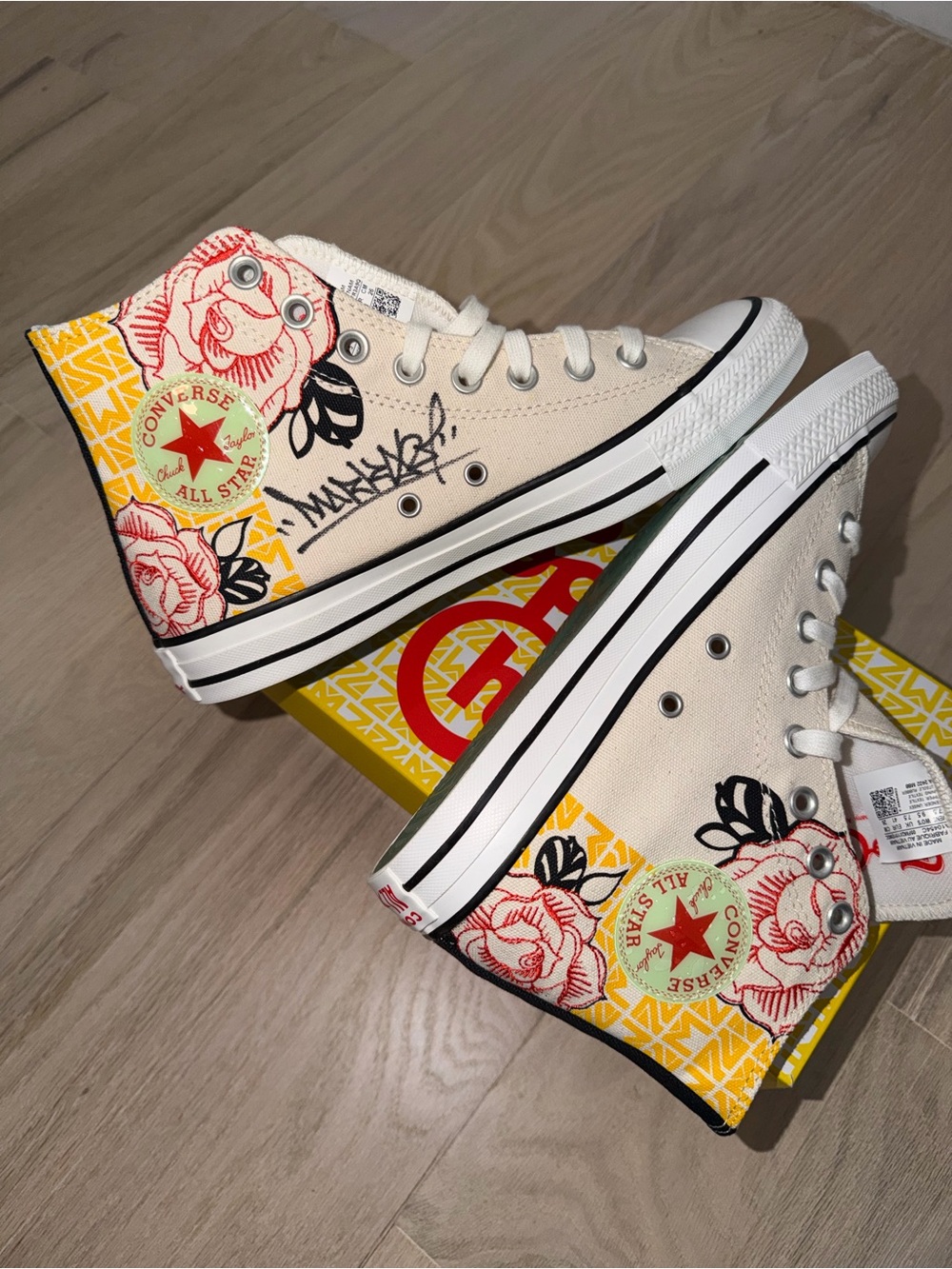 Converse High Top Sneakers in Cream with Red Rose Print and Yellow Accents
